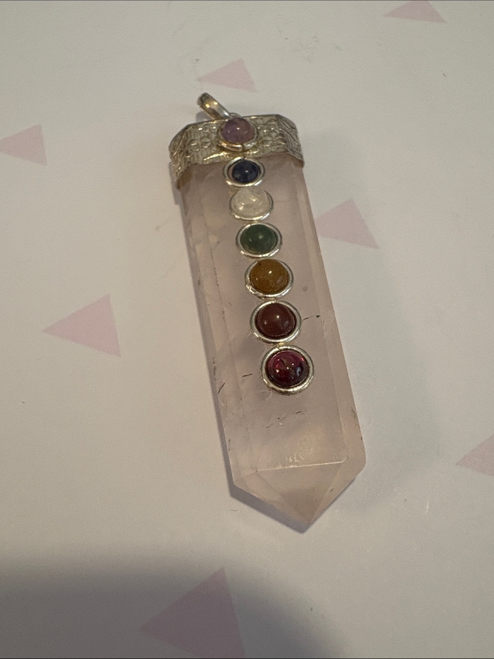 Rose Quartz Chakra Point Pendant Necklace in Pink with Multi-Colored Accents
